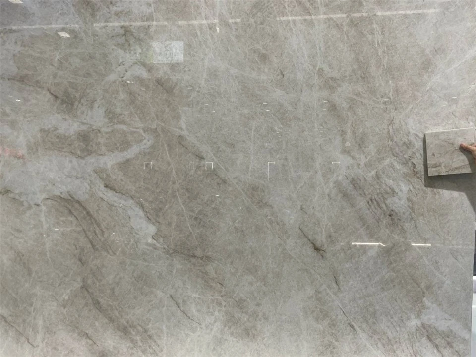 Polished natural quartzite slab showing reflected light and natural movement